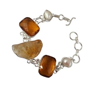 Rough citrine gemstone baroque pearl bracelet amber glass chunky bracelet J04